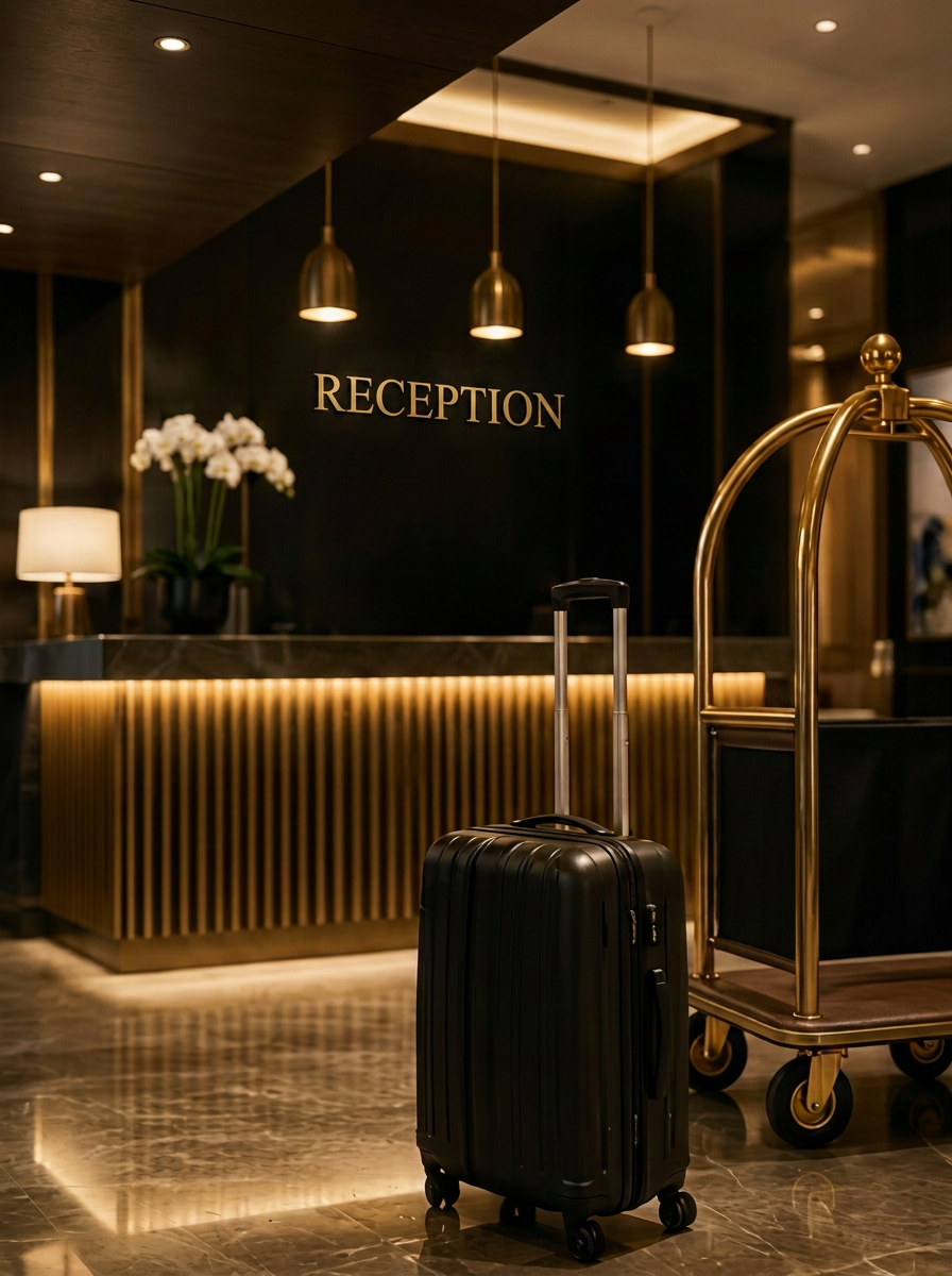 Luxe hotellobby met receptie en gouden bagagetrolley