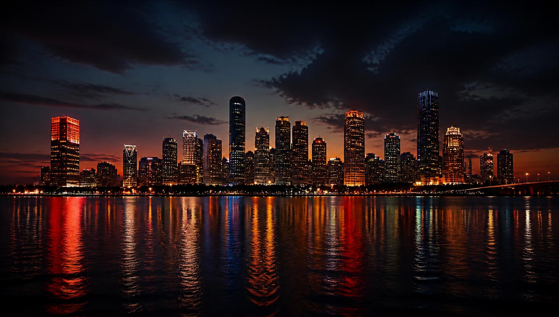 Skyline bij schemering met lichtreflecties op het water